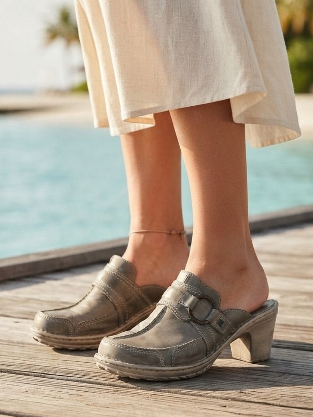 Josef Seibel Leather Clog Mules Buckle Wedge Heels EU 41